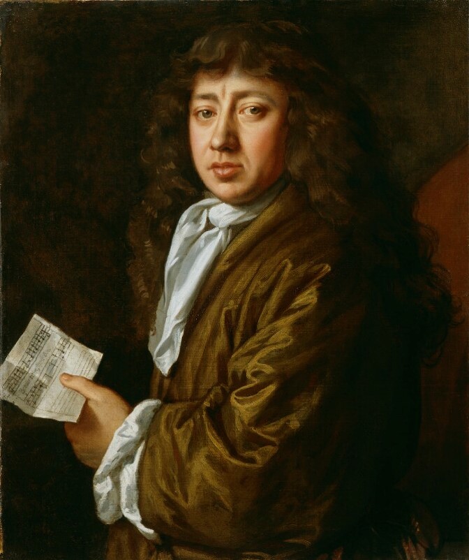 Portrait of Samuel Pepys in 1666. Wearing a brown periwig, Pepys looks out at the viewer, holding a sheet of music he composed himself.